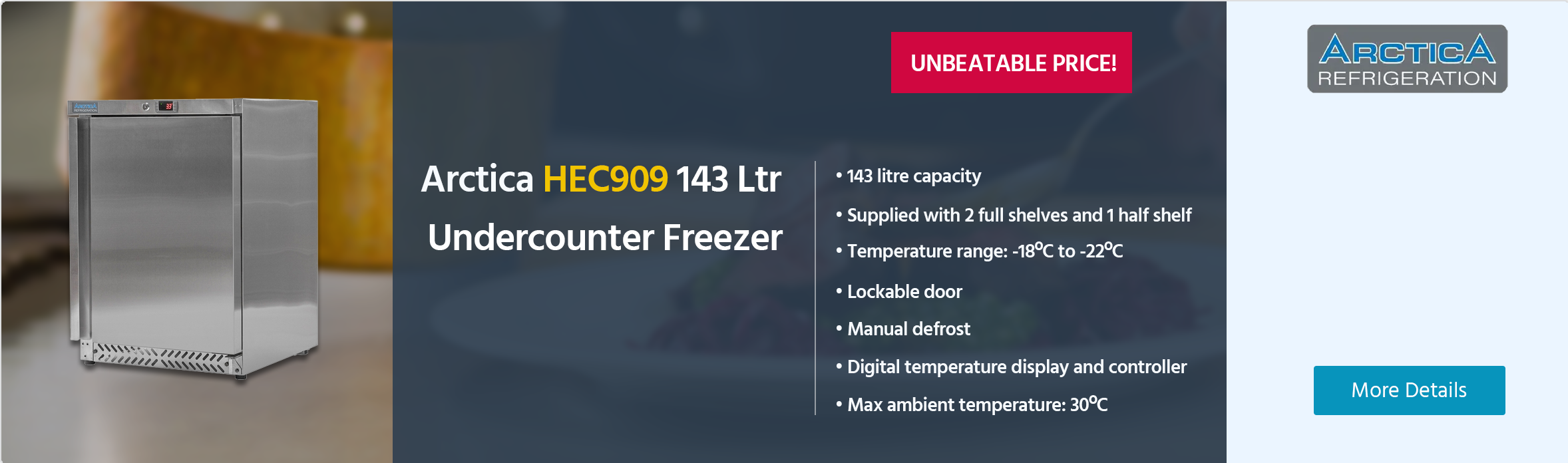 Arctica HEC909 143 Ltr Undercounter Single Door Stainless Steel Freezer