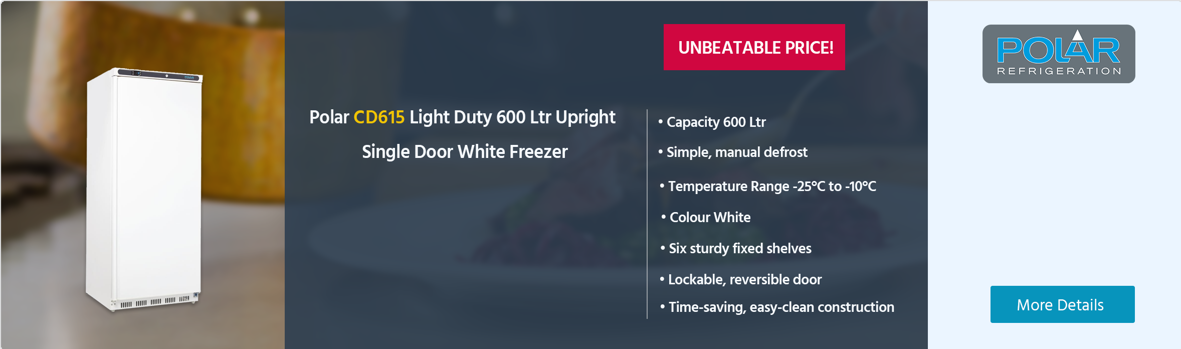 Polar C-Series CD615 Light Duty 600 Ltr Upright Single Door White Freezer