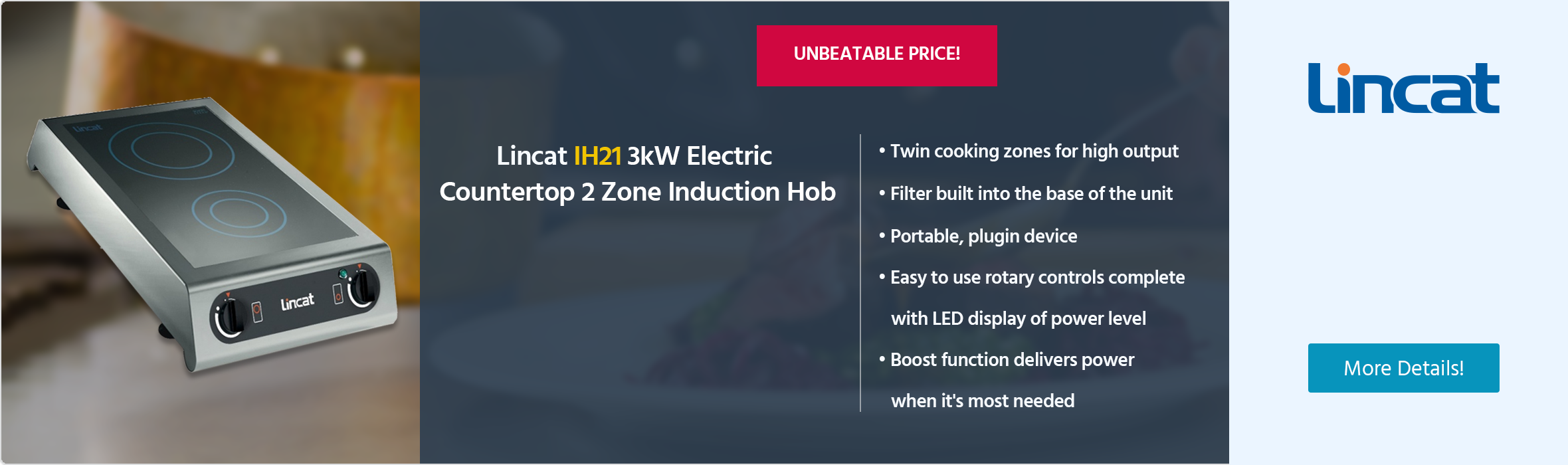 Lincat IH21 2.4kW Electric Countertop 2 Zone Induction Hob