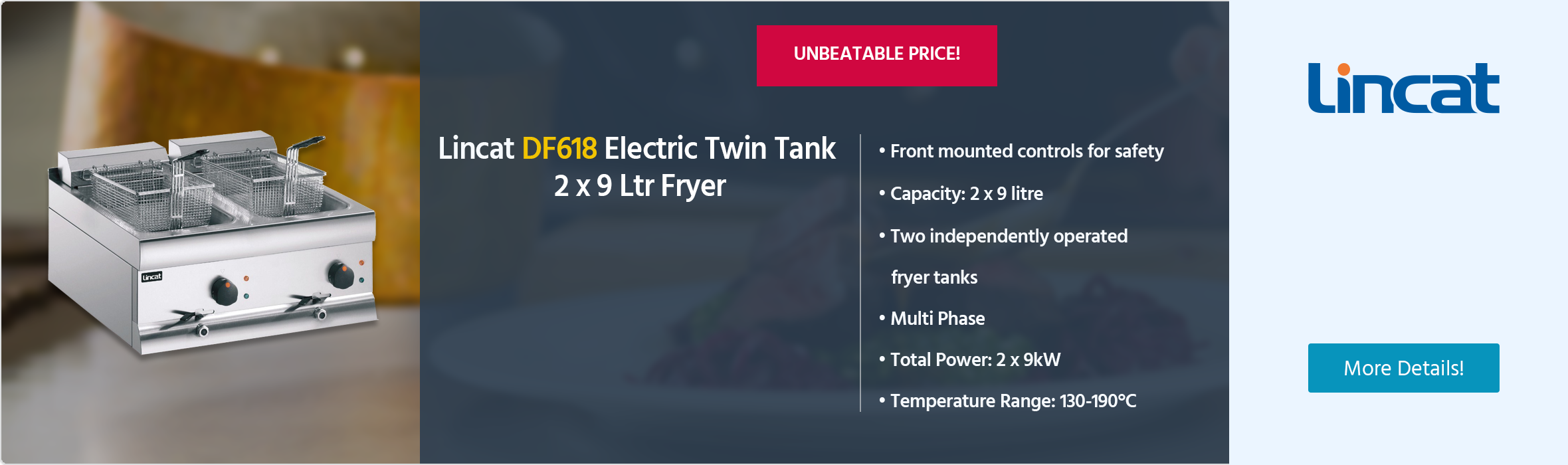 Lincat Silverlink 600 DF618 2 x 9 Ltr Electric Countertop Twin Tank Fryer (2 x Baskets)