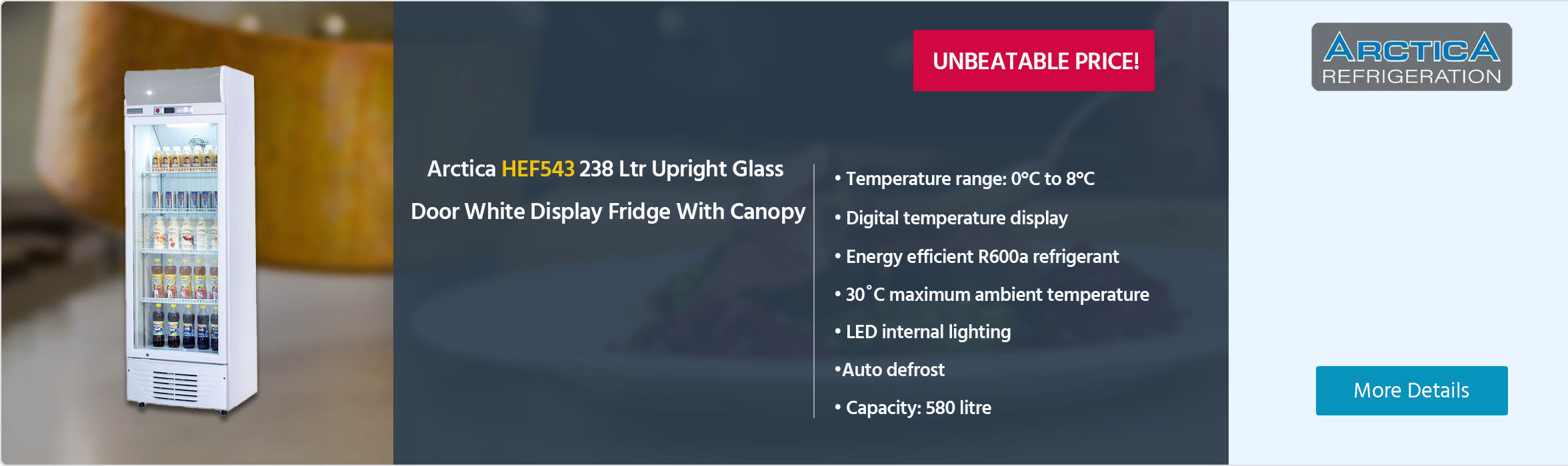 Arctica HEF543 238 Ltr Upright Single Glass Door White Display Fridge With Canopy