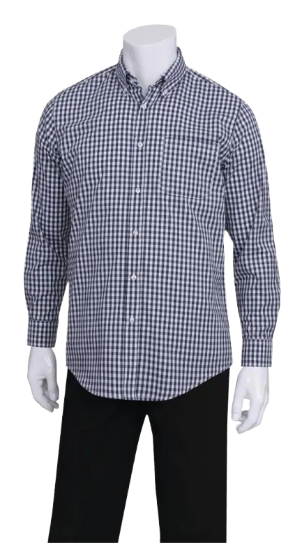 Chef Works B676-M Mens Dress Shirt Dark Navy Gingham M banner