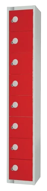 Elite Lockers CE103-CS Eight Door Camlock Locker with Sloping Top Red banner