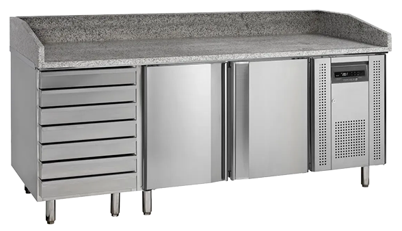 Tefcold PT1310 390 Ltr 2 Door & 7 Ambient Dough Drawer Stainless Steel Refrigerated Prep Counter With Granite Worktop banner