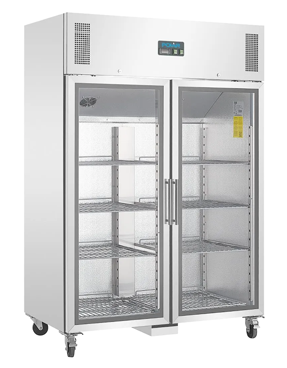 Polar G-Series CW198 1200 Ltr Upright Double Hinged Glass Door Stainless Steel Display Fridge banner