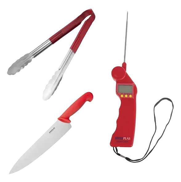 Hygiplas SA792 Colour Coded Red Set - Chopping Board, Tongs & Thermometer (Pack of 3) banner
