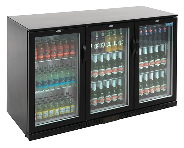 Polar G-Series GL004 330 Ltr Undercounter Triple Hinged Glass Door Black Back Bar Bottle Cooler banner