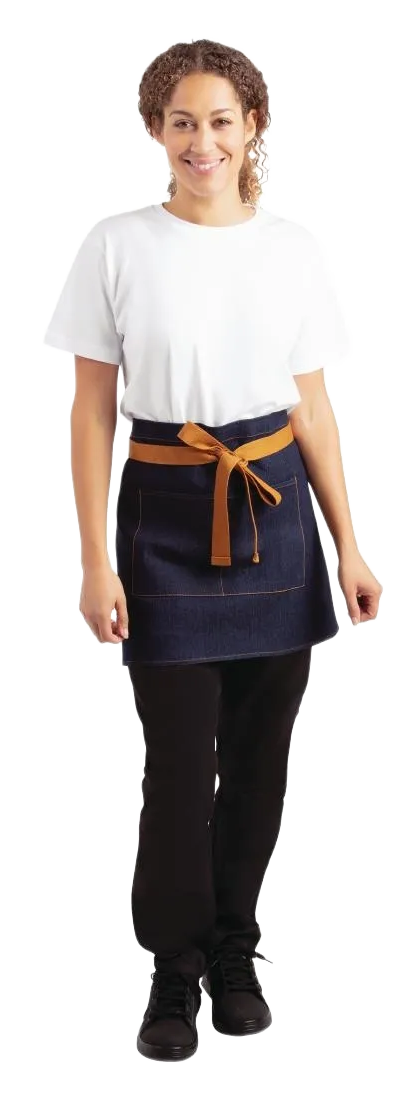 Southside BB465 Waist Bistro Apron Short Denim Blue with Tan Ties banner