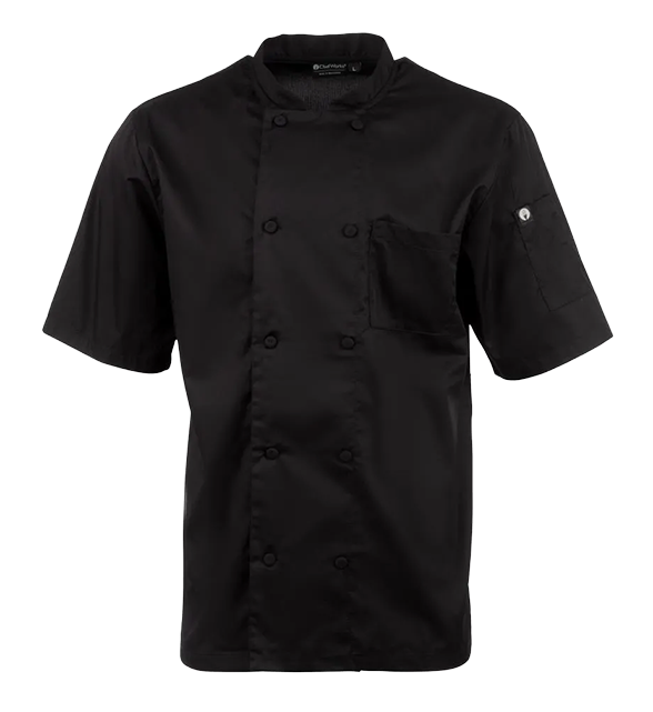 Chef Works Montreal B054-M Cool Vent Unisex Short Sleeve Chefs Jacket Black M banner