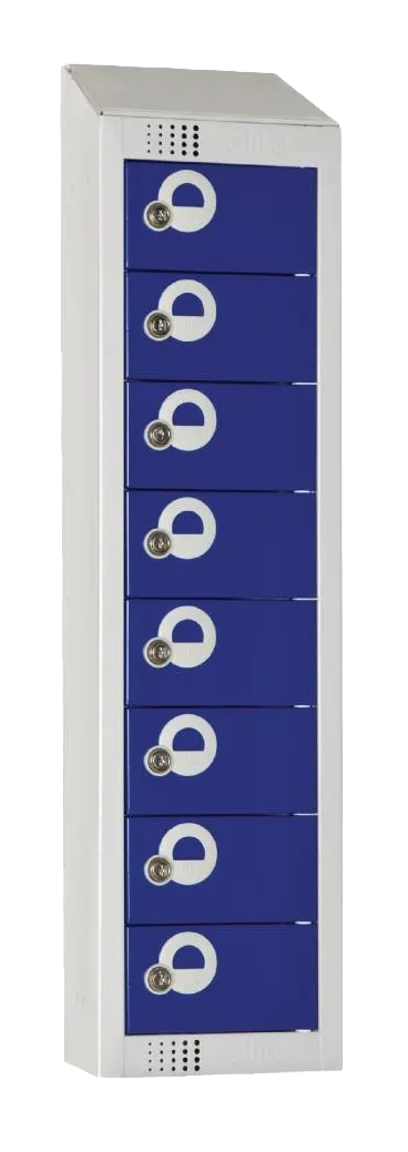 Elite Lockers CF752-PS Personal Effects Locker 8 Door Blue Padlock Sloping Top banner