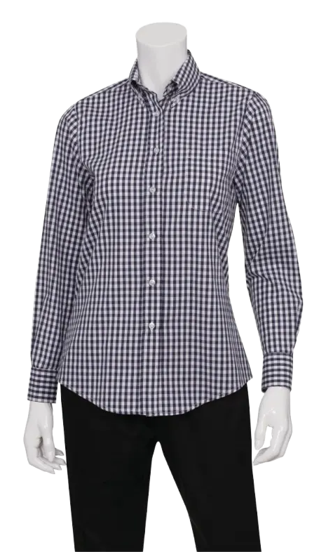 Chef Works B877-M Womens Dress Shirt Dark Navy Gingham M banner
