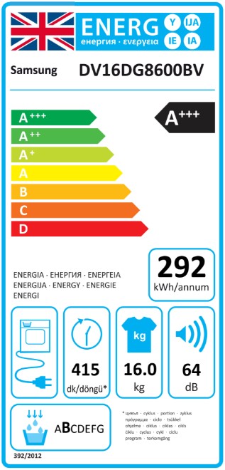 DV16DG8600BVU1 16kg Heat Pump Tumble Dryer Energy Rating