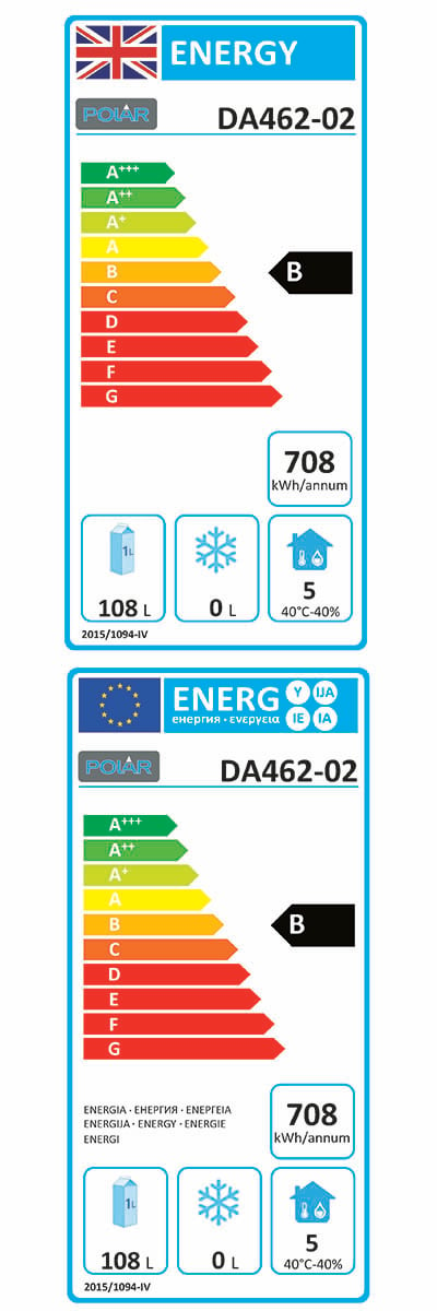 U-Series DA462 127 Ltr 2 Door Stainless Steel Refrigerated Chef Base Energy Rating