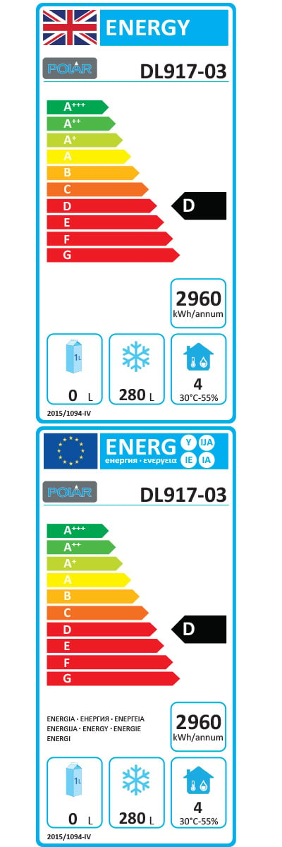 U-Series DL917 417 Ltr 3 Door Stainless Steel Freezer Prep Counter With Upstand Energy Rating