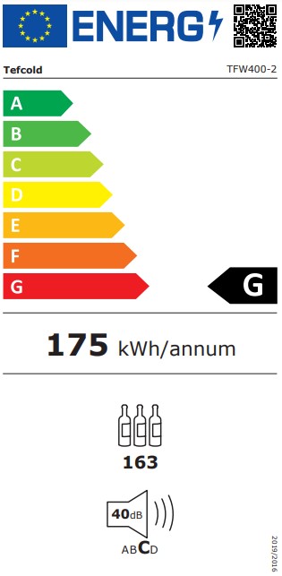 TFW400-2F 416 Ltr Upright Single Glass Door Black Dual Zone Wine Cooler Energy Rating