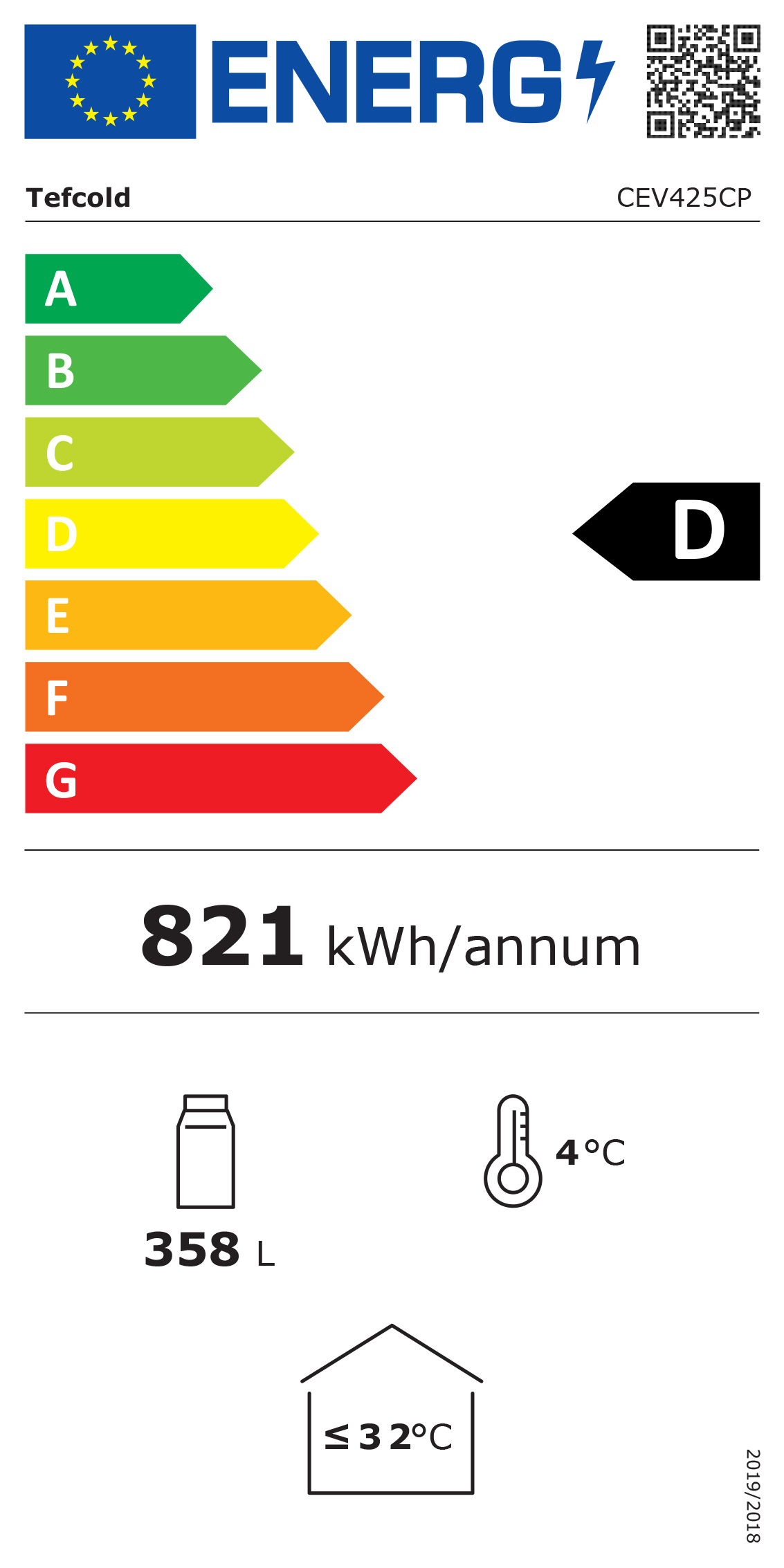 CEV425CP WHITE 372 Ltr Upright Single Glass Door White Display Fridge With Canopy Energy Rating