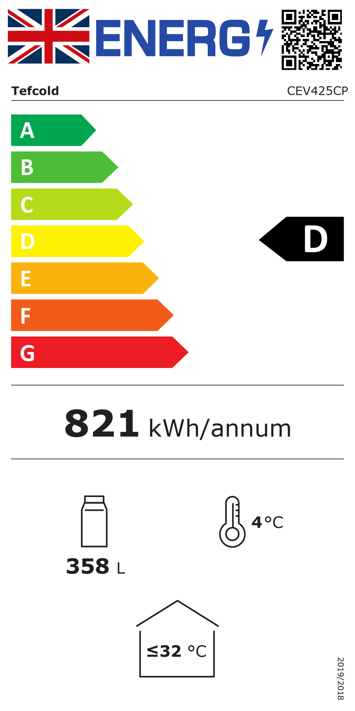 CEV425CP BLACK 372 Ltr Upright Single Glass Door Black Display Fridge With Canopy Energy Rating