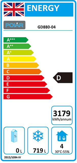 G-Series GD880 Medium Duty 960 Ltr Upright Double Door Stainless Steel Freezer Energy Rating
