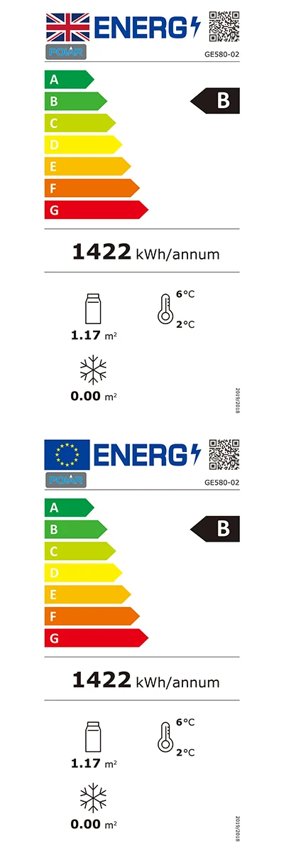 G-Series GE580 950 Ltr Upright Double Hinged Glass Door White Display Fridge With Canopy Energy Rating
