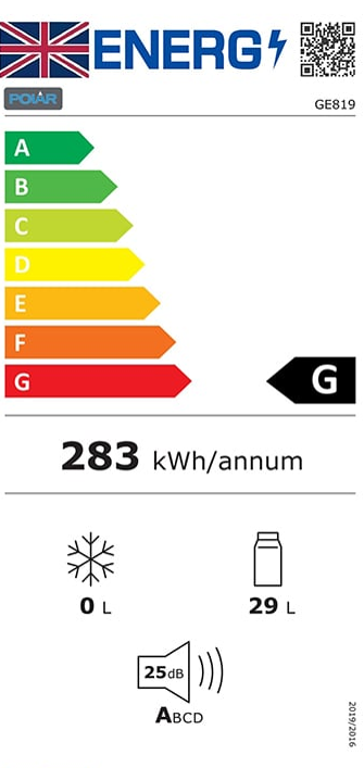 G-Series GE819 29 Ltr Black Glass Door Hotel Minibar Fridge Energy Rating