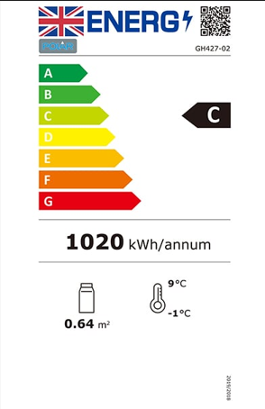 G-Series GH427 368 Ltr Upright Single Glass Door Black Display Fridge With Canopy Energy Rating