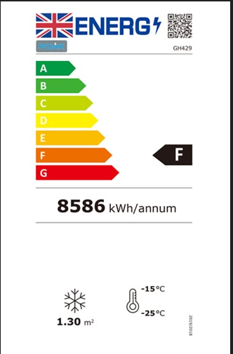 G-Series GH429 920 Ltr Upright Double Hinged Glass Door Black Display Freezer Energy Rating