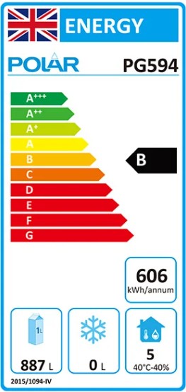 G-Series PG594 Medium Duty 1152 Ltr Upright Double Door Stainless Steel Fridge Energy Rating