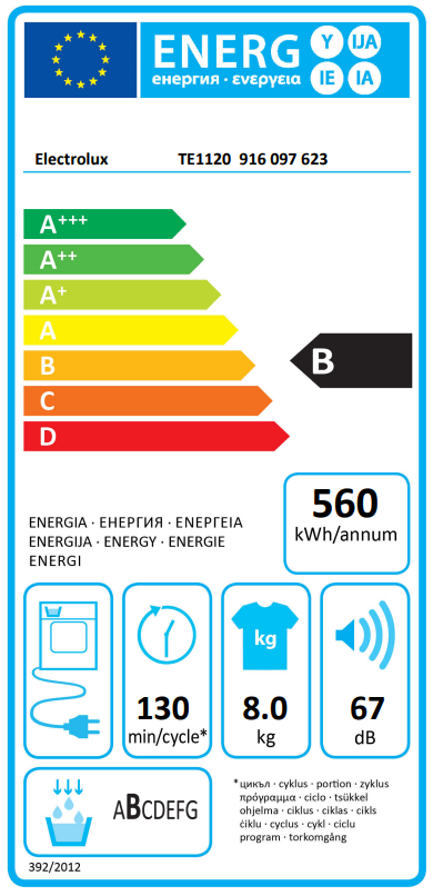 myPRO TE1120 8kg Smart Commercial Condenser Tumble Dryer Energy Rating