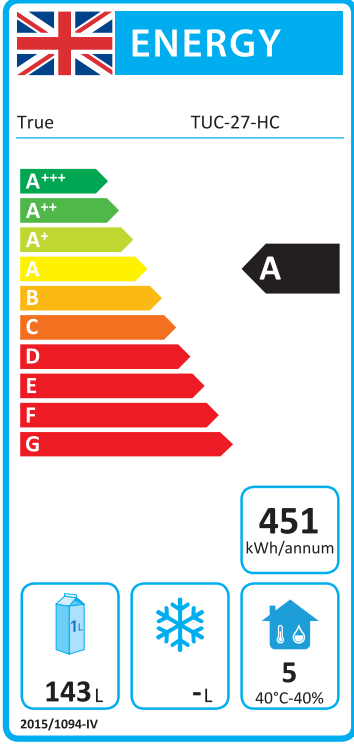 TUC-27-HC 184 Ltr Undercounter Single Door Stainless Steel Fridge Energy Rating