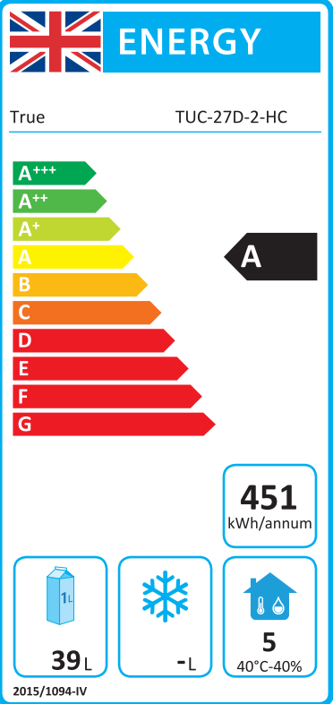 TUC-27D-2-HC 184 Ltr 2 Drawer Stainless Steel Refrigerated Prep Counter Energy Rating