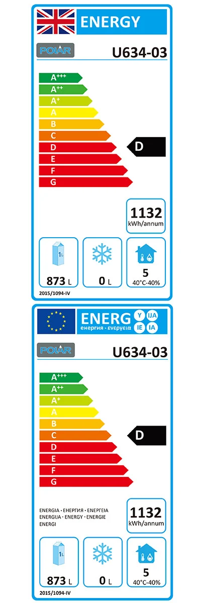 U-Series U634 Medium Duty 1300 Ltr Upright Double Door Stainless Steel Fridge Energy Rating