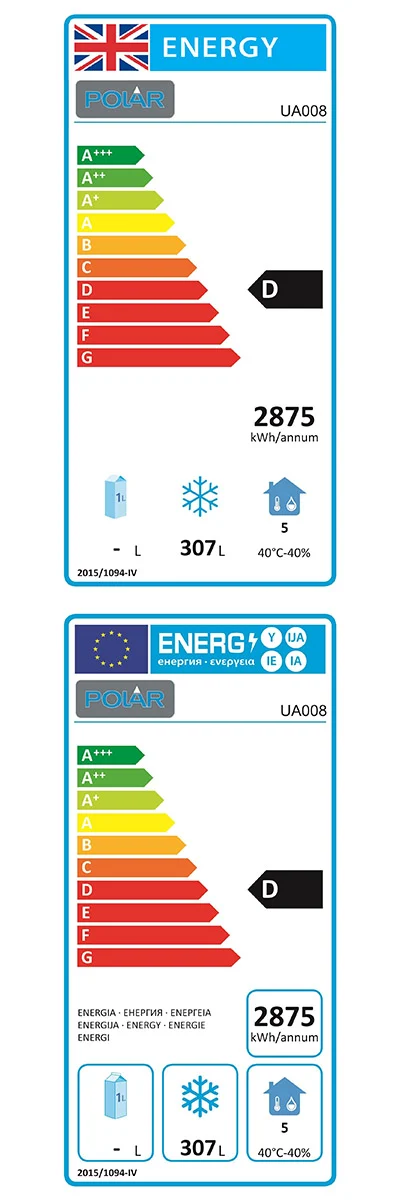 U-Series UA008 420 Ltr 3 Door Stainless Steel Freezer Prep Counter Energy Rating