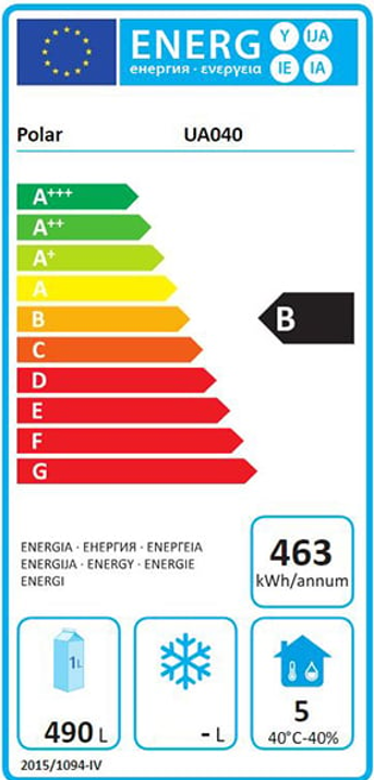 U-Series UA040 700 Ltr Upright Single Glass Door Stainless Steel Display Fridge Energy Rating