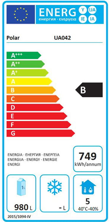 U-Series UA042 1400 Ltr Upright Double Hinged Glass Door Stainless Steel Display Fridge Energy Rating
