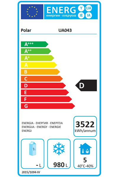 U-Series UA043 1400 Ltr Upright Double Hinged Glass Door Stainless Steel Display Freezer Energy Rating