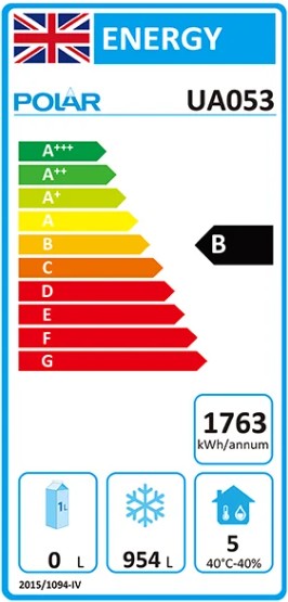 U-Series UA053 Medium Duty 1300 Ltr Upright Double Door Stainless Steel Freezer Energy Rating