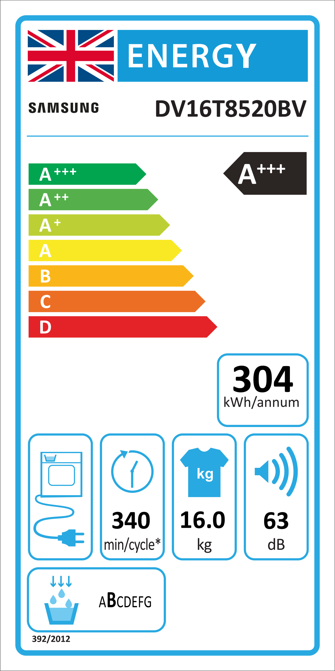 DV16T8520BV 16kg Heat Pump Tumble Dryer Energy Rating