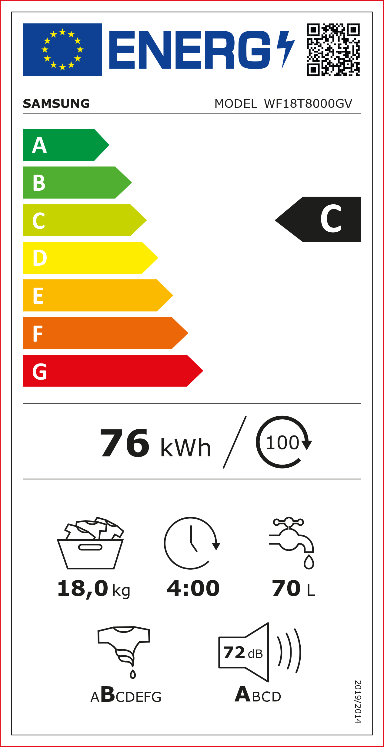 ecobubble™ WF18T8000GV 18kg Washing Machine Energy Rating