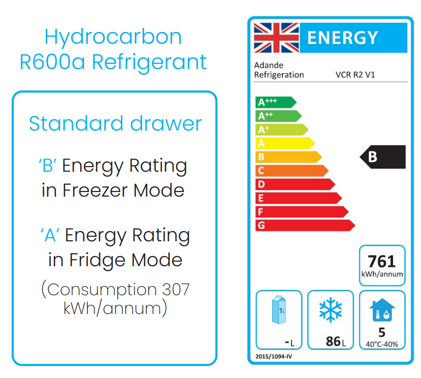 VCR1/CW 4 x 1/1GN Stainless Steel Dual Temperature Fridge / Freezer Drawer Energy Rating