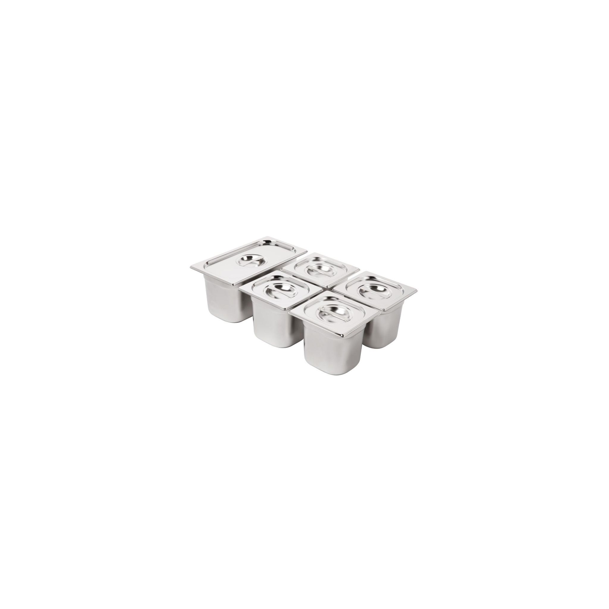 Vogue SA246 Stainless Steel Gastronorm Tray Set 1 x 1/3 & 4 x 1/6 150mm with Lids (Pack of 5)