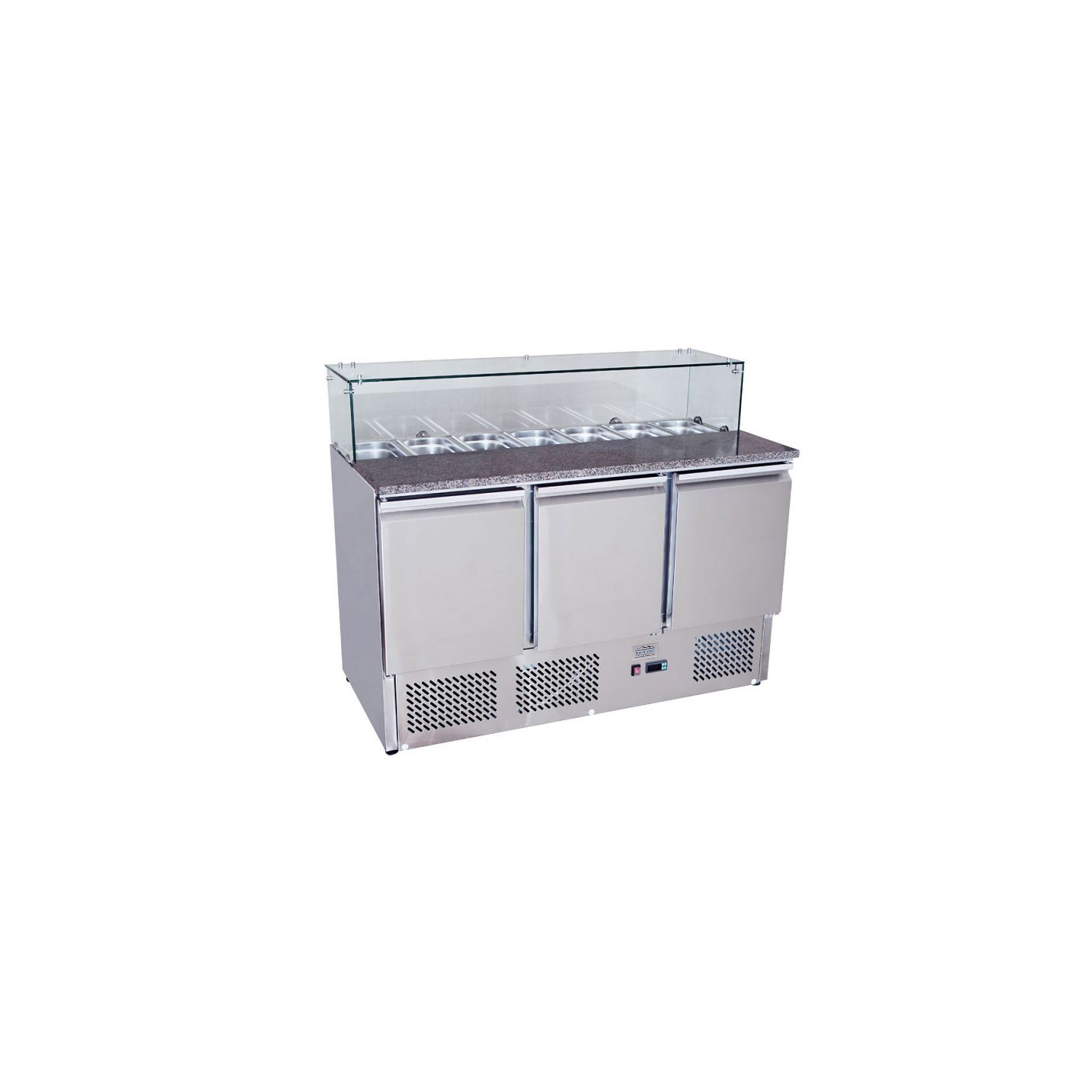 Ice-A-Cool ICE3864GR 380 Ltr 3 Door Stainless Steel Refrigerated Pizza / Saladette Prep Counter