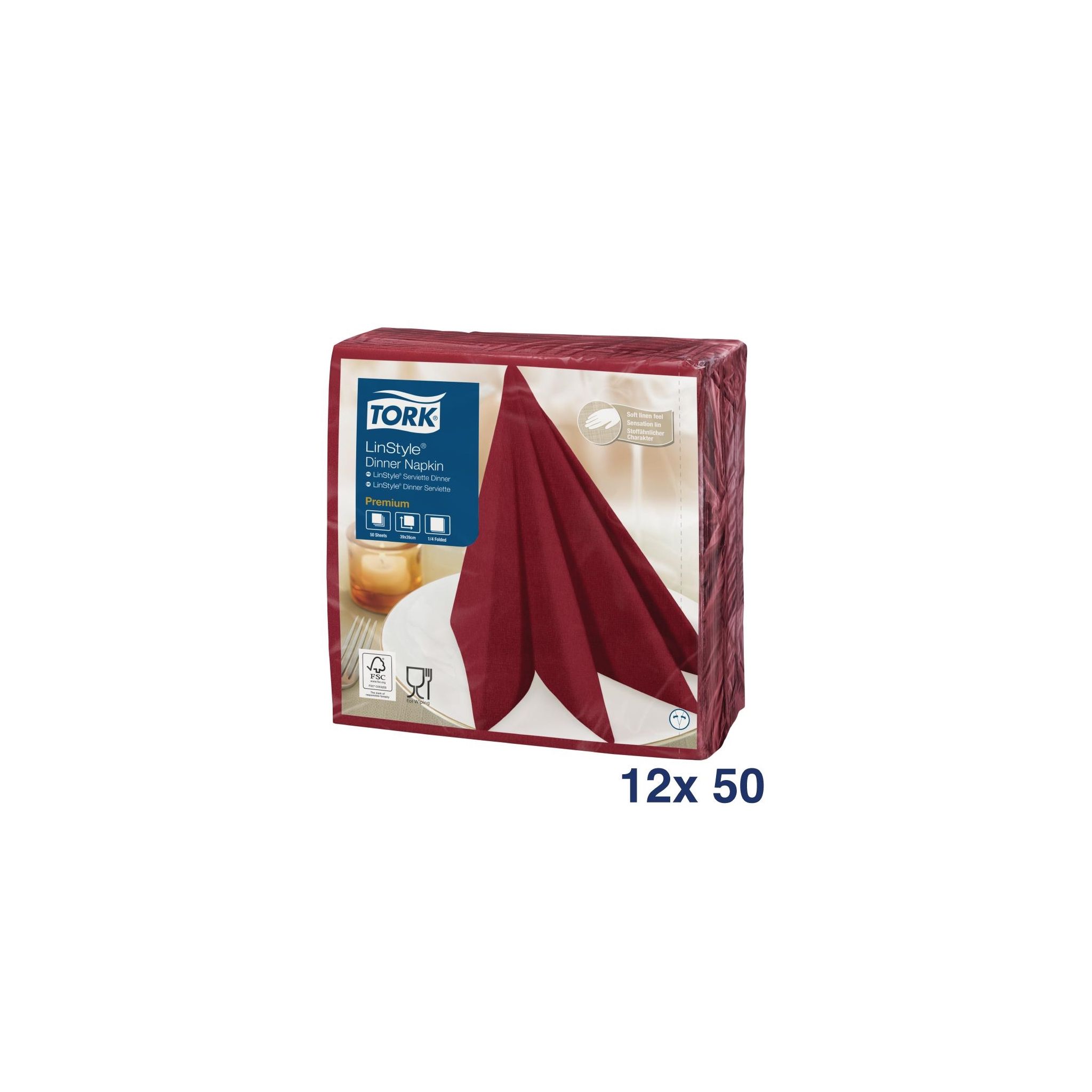 Tork Premium Linstyle DP183 Dinner Napkin Burgundy 40x40cm 1/4 Fold (Pack of 600)