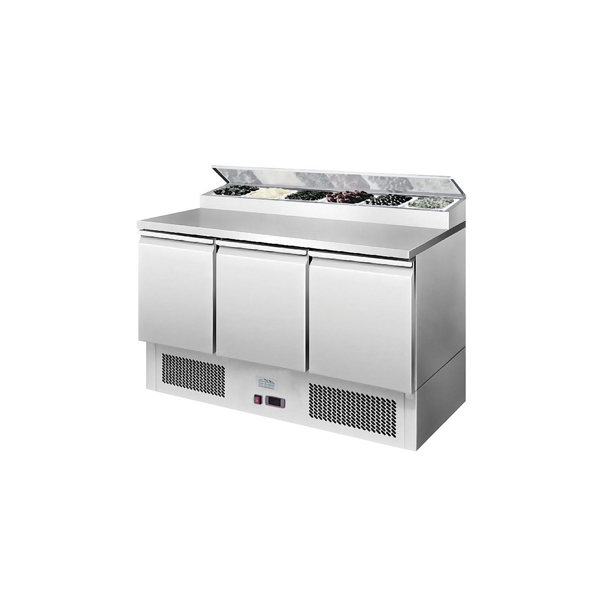Ice-A-Cool ICE3869GR 380 Ltr 3 Door Stainless Steel Refrigerated Pizza / Saladette Prep Counter