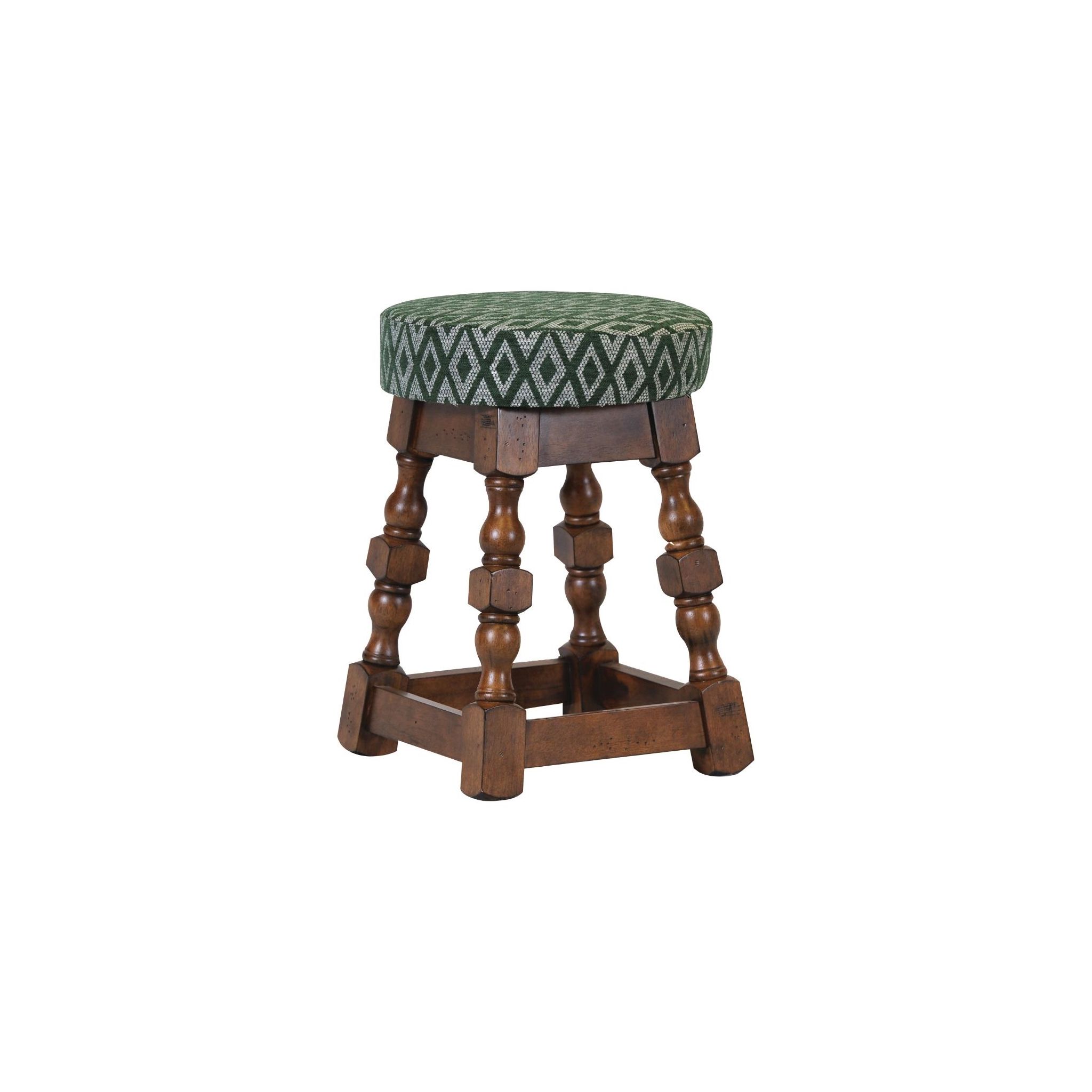 Non Branded FT407 Classic Rubber Wood Low Bar Stool with Green Diamond Seat (Pack of 2)