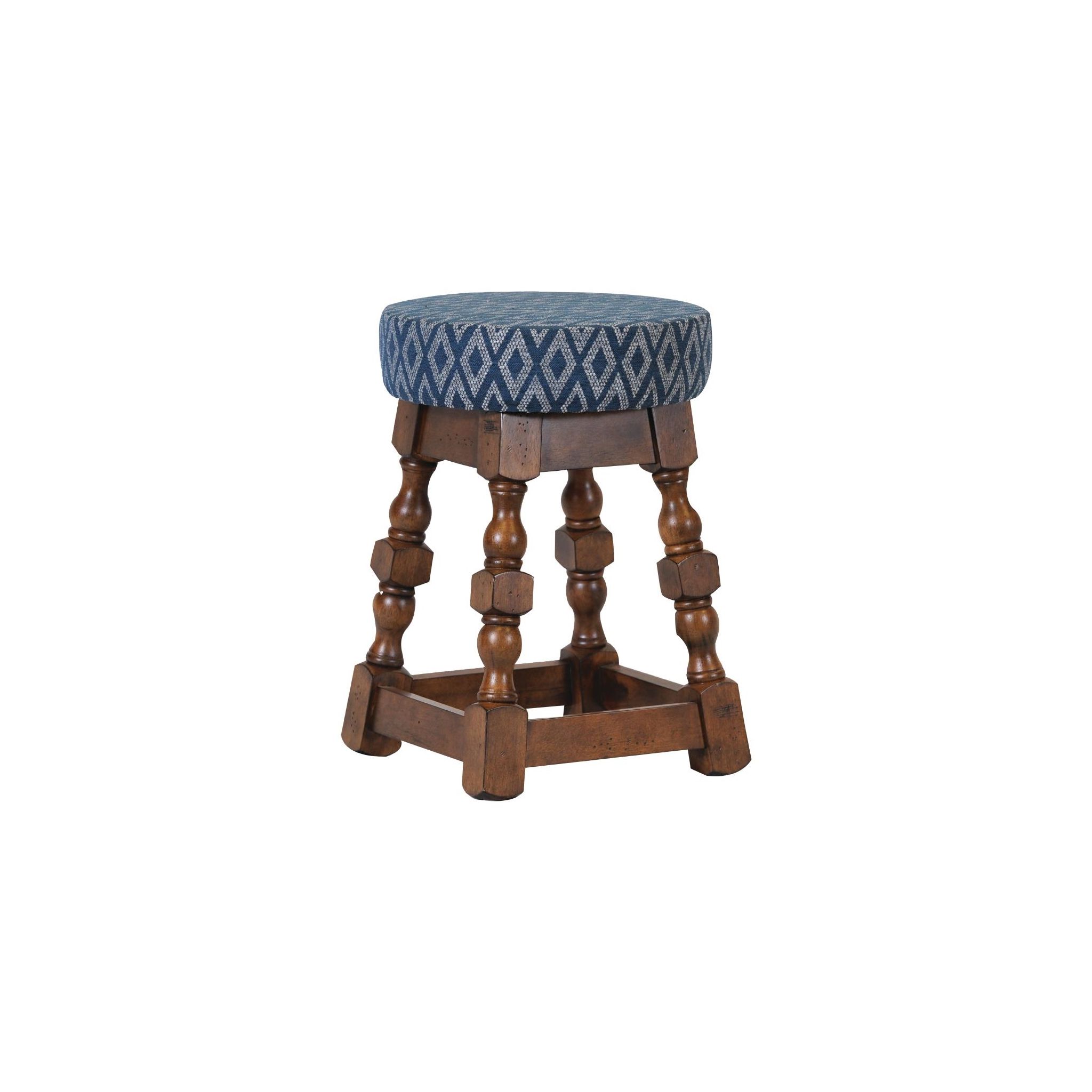 Non Branded FT406 Classic Rubber Wood Low Bar Stool with Blue Diamond Seat (Pack of 2)