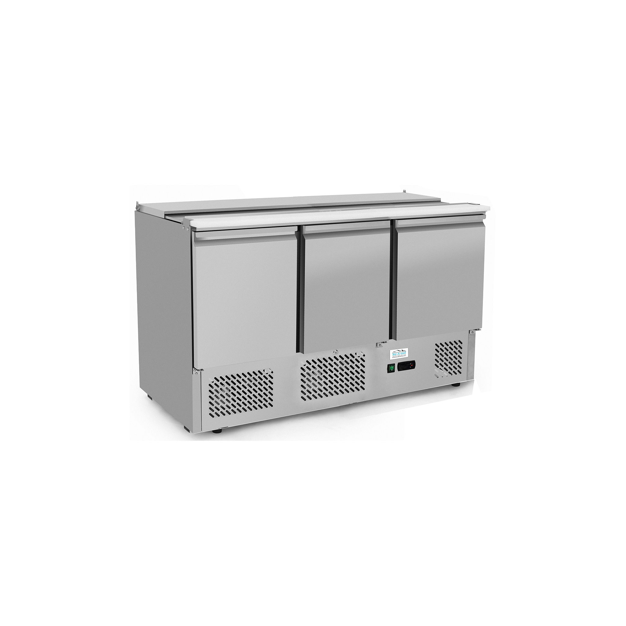 Ice-A-Cool ICE3850GR 380 Ltr 3 Door Stainless Steel Refrigerated Pizza / Saladette Prep Counter