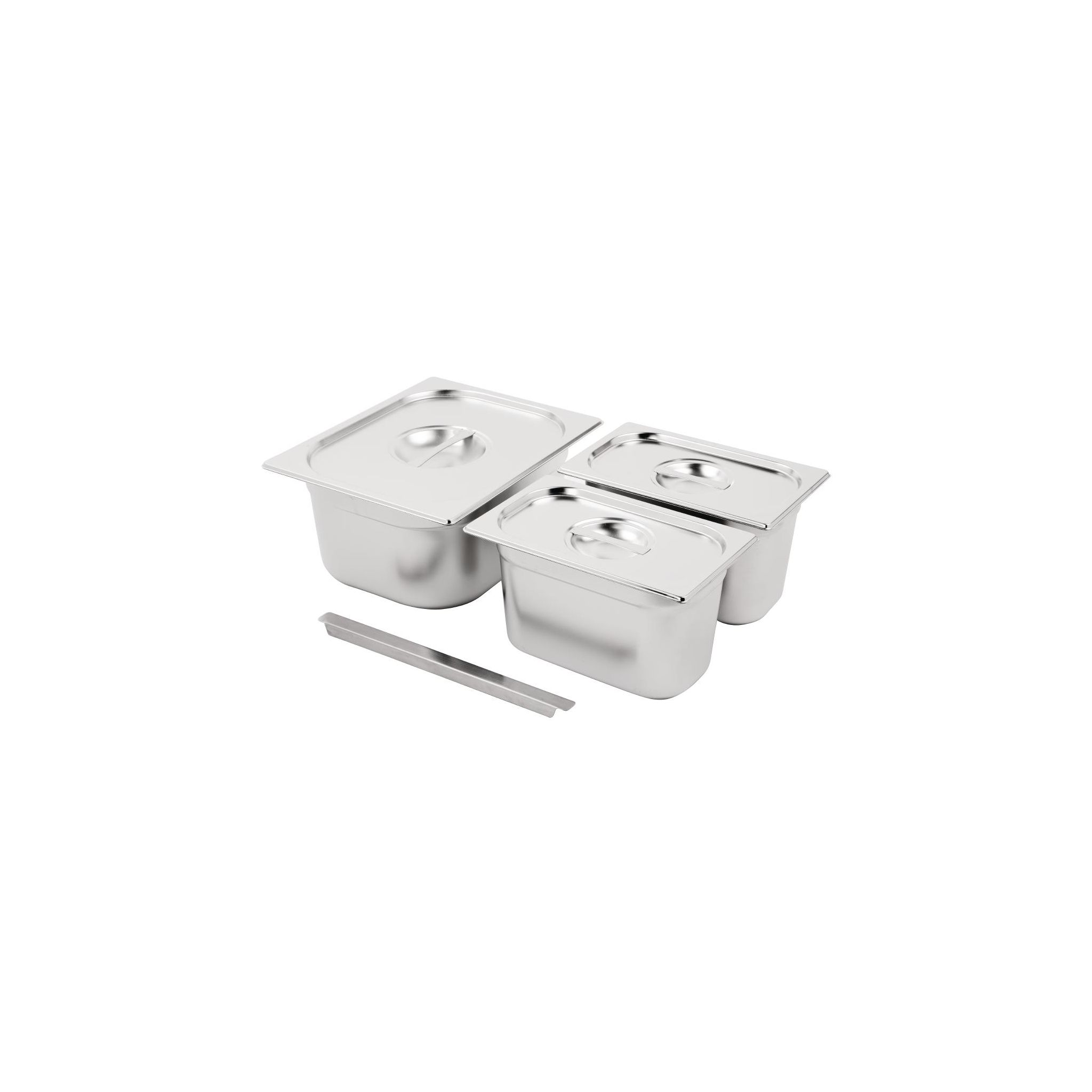 Vogue SA244 Stainless Steel Gastronorm Tray Set 1 x 1/2 & 2 x 1/4 150mm with Lids (Pack of 3)