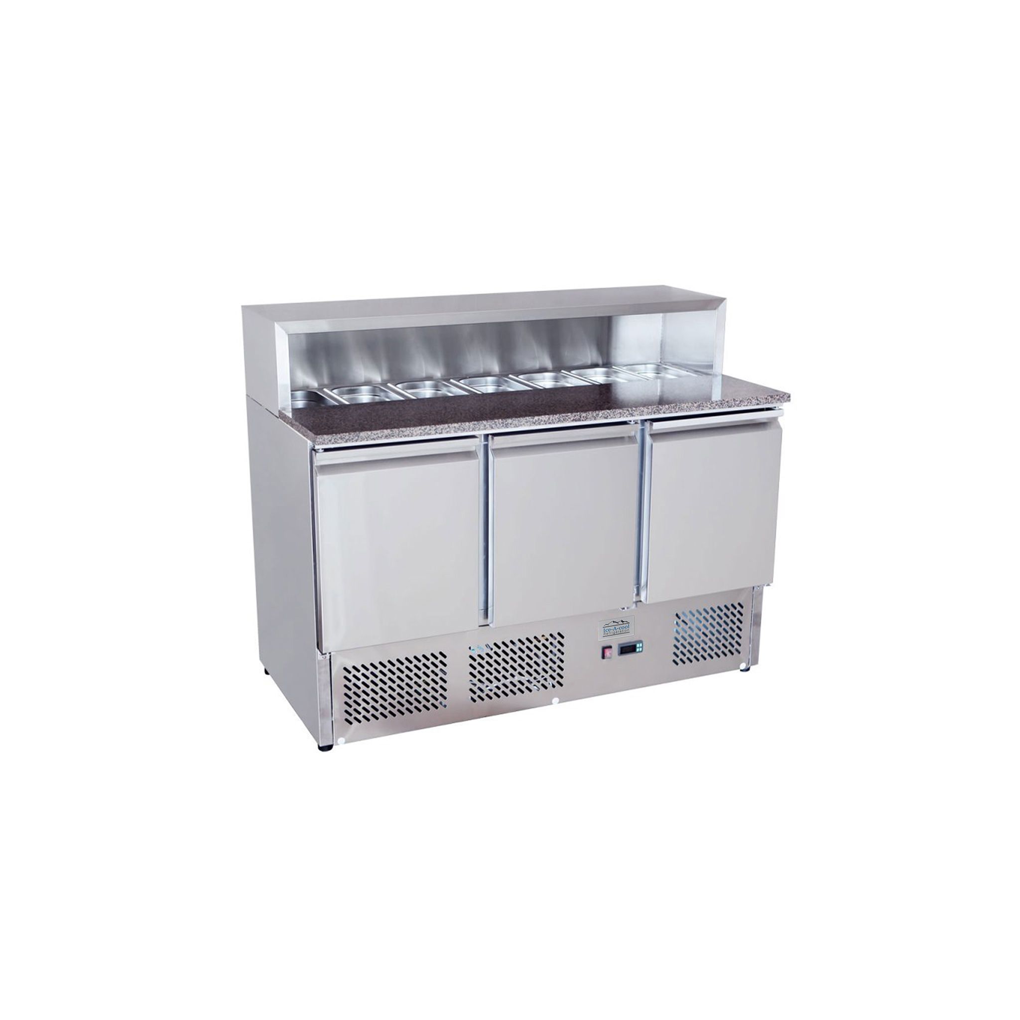 Ice-A-Cool ICE3854GR 380 Ltr 3 Door Stainless Steel Refrigerated Pizza / Saladette Prep Counter