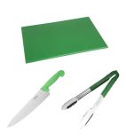 SA791 Colour Coded Green Set - Chopping Board, Tongs & Cooks Knife (Pack of 3)