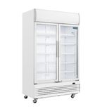 Image of G-Series GE580 950 Ltr Upright Double Hinged Glass Door White Display Fridge With Canopy